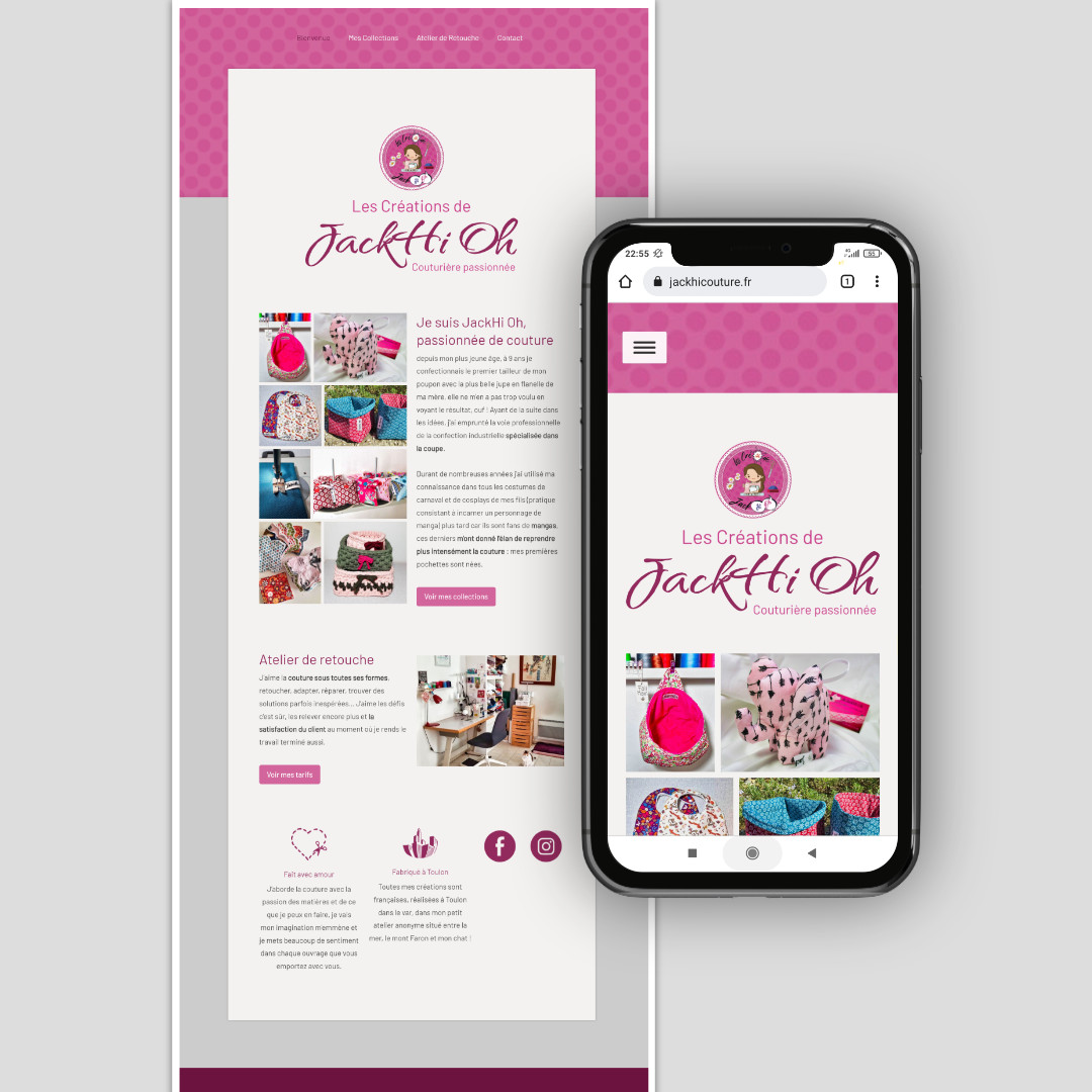 Site Internet vitrine pour la couturière JackHi Oh, réalisé avec l'éditeur en ligne Jimdo.